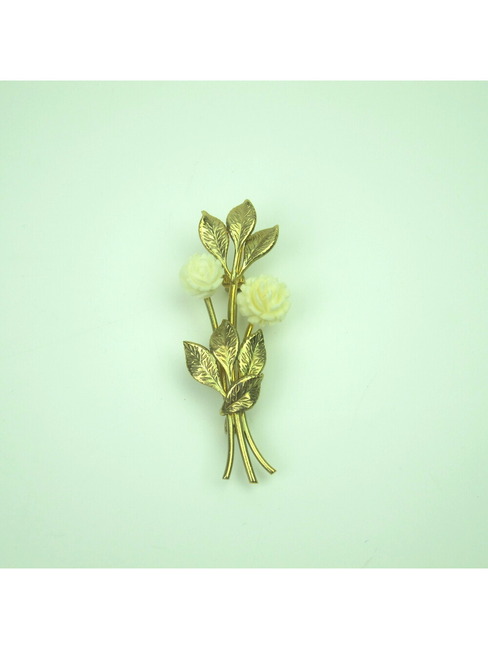 Vintage Double Rose Flower Pin Brooch Gold Tone Leaves Cream 2.2" Mid-Century